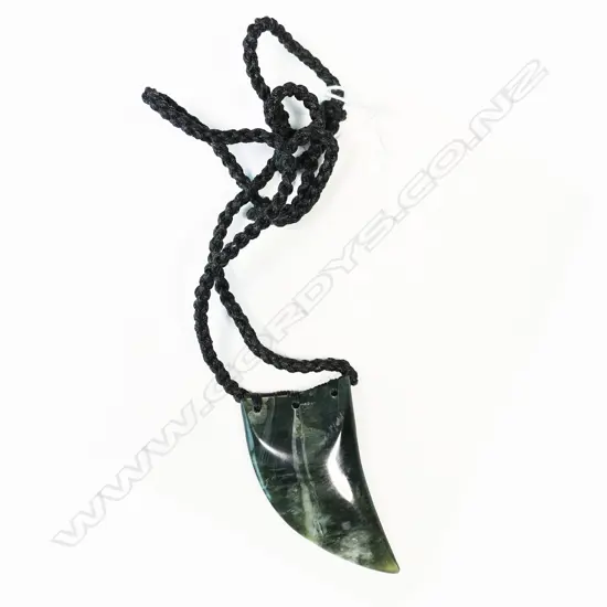 Te Kaha carved pounamu (chatoyant tangiwai) large rei niho (eye tooth) pendant,